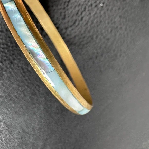 Vintage Brass Mother of Pearl Inlay Bangle Southwestern Boho Natural Shell - Picture 8 of 8